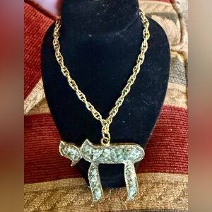 Vintage Judaica HAI CHAl with Jade Chips Necklace & Earrings